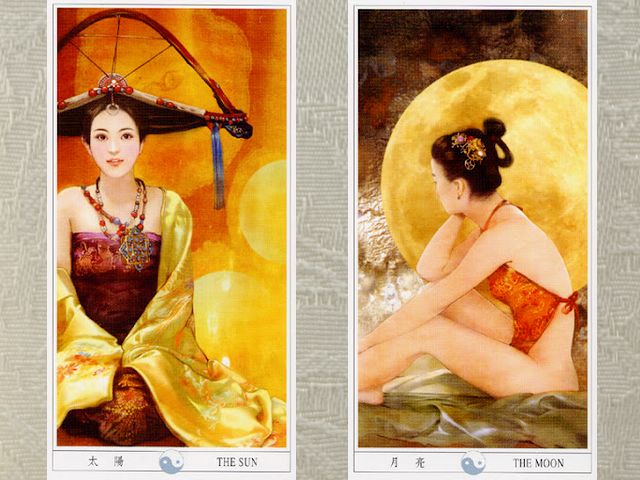 Classic Chinese Ladies Tarot the Sun and the Moon by Der Jen - Splendid illustrations of 'The Sun' and 'The Moon', from the beautiful tarot deck, known as 'Classic Chinese Ladies Tarot', with drawings by Taiwanese artist Der Jen (Dezhen). - , classic, Chinese, Ladies, lady, Tarot, sun, moon, Der, Jen, art, arts, splendid, illustrations, illustration, beautiful, deck, decks, drawings, drawing, Taiwanese, artist, artists, Dezhen - Splendid illustrations of 'The Sun' and 'The Moon', from the beautiful tarot deck, known as 'Classic Chinese Ladies Tarot', with drawings by Taiwanese artist Der Jen (Dezhen). Solve free online Classic Chinese Ladies Tarot the Sun and the Moon by Der Jen puzzle games or send Classic Chinese Ladies Tarot the Sun and the Moon by Der Jen puzzle game greeting ecards  from puzzles-games.eu.. Classic Chinese Ladies Tarot the Sun and the Moon by Der Jen puzzle, puzzles, puzzles games, puzzles-games.eu, puzzle games, online puzzle games, free puzzle games, free online puzzle games, Classic Chinese Ladies Tarot the Sun and the Moon by Der Jen free puzzle game, Classic Chinese Ladies Tarot the Sun and the Moon by Der Jen online puzzle game, jigsaw puzzles, Classic Chinese Ladies Tarot the Sun and the Moon by Der Jen jigsaw puzzle, jigsaw puzzle games, jigsaw puzzles games, Classic Chinese Ladies Tarot the Sun and the Moon by Der Jen puzzle game ecard, puzzles games ecards, Classic Chinese Ladies Tarot the Sun and the Moon by Der Jen puzzle game greeting ecard
