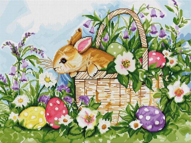 Easter Bunny in Basket Cross Stitch - 'Easter Bunny in Basket' is a beautiful springtime scene for cross stitch tapestry, based on the painting by one of America's most beloved artists Susan Winget. It is delightful design with adorable rabbit, decorated eggs and flowery details, that is perfect for the Easter holidays, evoking a spring feeling in your home.<br />
The origin of Easter bunny stem back to 1682 and German folklore where an 'Easter Hare' would be the bearer of Easter eggs, delivering them to children over the holiday period. - , Easter, bunny, bunnies, basket, basket, cross, Stitch, art, arts, holiday, holidays, beautiful, springtime, scene, tapestry, painting, America, beloved, artists, artist, Susan, Winget, delightful, design, adorable, rabbit, decorated, eggs, egg, flowery, details, spring, feeling, home, origin, 1682, German, folklore, hare, bearer, children, period - 'Easter Bunny in Basket' is a beautiful springtime scene for cross stitch tapestry, based on the painting by one of America's most beloved artists Susan Winget. It is delightful design with adorable rabbit, decorated eggs and flowery details, that is perfect for the Easter holidays, evoking a spring feeling in your home.<br />
The origin of Easter bunny stem back to 1682 and German folklore where an 'Easter Hare' would be the bearer of Easter eggs, delivering them to children over the holiday period. Подреждайте безплатни онлайн Easter Bunny in Basket Cross Stitch пъзел игри или изпратете Easter Bunny in Basket Cross Stitch пъзел игра поздравителна картичка  от puzzles-games.eu.. Easter Bunny in Basket Cross Stitch пъзел, пъзели, пъзели игри, puzzles-games.eu, пъзел игри, online пъзел игри, free пъзел игри, free online пъзел игри, Easter Bunny in Basket Cross Stitch free пъзел игра, Easter Bunny in Basket Cross Stitch online пъзел игра, jigsaw puzzles, Easter Bunny in Basket Cross Stitch jigsaw puzzle, jigsaw puzzle games, jigsaw puzzles games, Easter Bunny in Basket Cross Stitch пъзел игра картичка, пъзели игри картички, Easter Bunny in Basket Cross Stitch пъзел игра поздравителна картичка