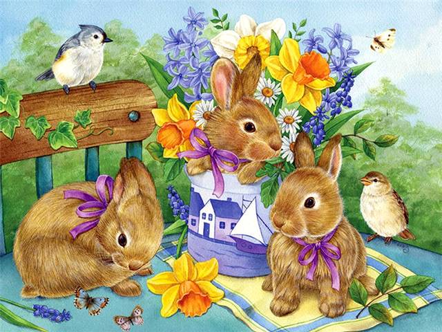 Easter Card by Jane Maday - Beautiful Easter card, illustrated by the British artist Jane Maday, with adorable bunnies, bouquet of spring flowers and birds.<br />
Born in England (1965) and raised in the United States, Jane Maday has been a professional artist since she was fourteen years old when she began her career as a scientific illustrator for the University of Florida. After receiving a Bachelor’s degree from the Ringling College of Art and Design, she accepted a job with Hallmark Cards, Inc designing and painting greeting cards.<br />
In addition to her family, Jane has as inspiration a beautiful garden, a menagerie of animals, and the breathtaking Colorado landscape. - , Easter, card, cards, Jane, Maday, art, arts, holiday, holidays, beautiful, British, artist, artist, adorable, bunnies, bunny, bouquet, spring, flowers, birds, England, 1965, United, States, professional, career, scientific, illustrator, University, Florida, Bachelor, degree, Ringling, College, Design, job, Hallmark, greeting, family, inspiration, garden, menagerie, animals, breathtaking, Colorado, landscape - Beautiful Easter card, illustrated by the British artist Jane Maday, with adorable bunnies, bouquet of spring flowers and birds.<br />
Born in England (1965) and raised in the United States, Jane Maday has been a professional artist since she was fourteen years old when she began her career as a scientific illustrator for the University of Florida. After receiving a Bachelor’s degree from the Ringling College of Art and Design, she accepted a job with Hallmark Cards, Inc designing and painting greeting cards.<br />
In addition to her family, Jane has as inspiration a beautiful garden, a menagerie of animals, and the breathtaking Colorado landscape. Resuelve rompecabezas en línea gratis Easter Card by Jane Maday juegos puzzle o enviar Easter Card by Jane Maday juego de puzzle tarjetas electrónicas de felicitación  de puzzles-games.eu.. Easter Card by Jane Maday puzzle, puzzles, rompecabezas juegos, puzzles-games.eu, juegos de puzzle, juegos en línea del rompecabezas, juegos gratis puzzle, juegos en línea gratis rompecabezas, Easter Card by Jane Maday juego de puzzle gratuito, Easter Card by Jane Maday juego de rompecabezas en línea, jigsaw puzzles, Easter Card by Jane Maday jigsaw puzzle, jigsaw puzzle games, jigsaw puzzles games, Easter Card by Jane Maday rompecabezas de juego tarjeta electrónica, juegos de puzzles tarjetas electrónicas, Easter Card by Jane Maday puzzle tarjeta electrónica de felicitación