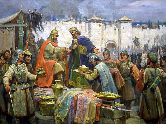 Khan Tervel and Justinian by Dimitar Gyudjenov - Famous painting by Dimitar Gyudjenov (1891-1979), 'Khan Tervel and Justinian' (1960, oil on canvas, Presidency of the Republic of Bulgaria), which depicts the Bulgarian ruler in 705, in front of the walls of Constantinople, who receives expensive gifts, after has helped the Byzantine emperor Justinian II to regain the throne,  without any battles. - , Khan, khans, Tervel, Justinian, Dimitar, Gyudjenov, art, arts, place, places, travel, travels, tour, tours, trip, trips, famous, painting, paintings, 1891, 1979, 1980, oil, canvas, canvases, Presidency, Republic, Bulgaria, Bulgarian, ruler, rulers, 705, walls, wall, Constantinople, expensive, gifts, gift, Byzantine, emperor, emperors, throne, thrones, battles, battle - Famous painting by Dimitar Gyudjenov (1891-1979), 'Khan Tervel and Justinian' (1960, oil on canvas, Presidency of the Republic of Bulgaria), which depicts the Bulgarian ruler in 705, in front of the walls of Constantinople, who receives expensive gifts, after has helped the Byzantine emperor Justinian II to regain the throne,  without any battles. Решайте бесплатные онлайн Khan Tervel and Justinian by Dimitar Gyudjenov пазлы игры или отправьте Khan Tervel and Justinian by Dimitar Gyudjenov пазл игру приветственную открытку  из puzzles-games.eu.. Khan Tervel and Justinian by Dimitar Gyudjenov пазл, пазлы, пазлы игры, puzzles-games.eu, пазл игры, онлайн пазл игры, игры пазлы бесплатно, бесплатно онлайн пазл игры, Khan Tervel and Justinian by Dimitar Gyudjenov бесплатно пазл игра, Khan Tervel and Justinian by Dimitar Gyudjenov онлайн пазл игра , jigsaw puzzles, Khan Tervel and Justinian by Dimitar Gyudjenov jigsaw puzzle, jigsaw puzzle games, jigsaw puzzles games, Khan Tervel and Justinian by Dimitar Gyudjenov пазл игра открытка, пазлы игры открытки, Khan Tervel and Justinian by Dimitar Gyudjenov пазл игра приветственная открытка
