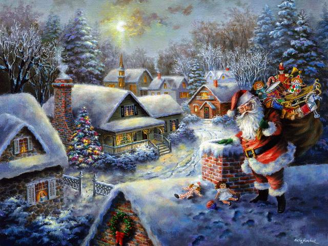 Santa Claus in Christmas Eve by Nicky Boehme Wallpaper - Beautiful wallpaper with Santa Claus on moonlight at the Christmas Eve, a peaceful romantic scene, painted by the American artist Nicky Boehme who studied Technical Art at the Auckland Art Institute in California, USA. - , Santa, Claus, Christmas, Eve, Nicky, Boehme, wallpaper, wallpapers, art, arts, holiday, holidays, beautiful, moonlight, peaceful, romantic, scene, scenes, American, artist, artists, technical, Auckland, institute, institutes, California, USA - Beautiful wallpaper with Santa Claus on moonlight at the Christmas Eve, a peaceful romantic scene, painted by the American artist Nicky Boehme who studied Technical Art at the Auckland Art Institute in California, USA. Решайте бесплатные онлайн Santa Claus in Christmas Eve by Nicky Boehme Wallpaper пазлы игры или отправьте Santa Claus in Christmas Eve by Nicky Boehme Wallpaper пазл игру приветственную открытку  из puzzles-games.eu.. Santa Claus in Christmas Eve by Nicky Boehme Wallpaper пазл, пазлы, пазлы игры, puzzles-games.eu, пазл игры, онлайн пазл игры, игры пазлы бесплатно, бесплатно онлайн пазл игры, Santa Claus in Christmas Eve by Nicky Boehme Wallpaper бесплатно пазл игра, Santa Claus in Christmas Eve by Nicky Boehme Wallpaper онлайн пазл игра , jigsaw puzzles, Santa Claus in Christmas Eve by Nicky Boehme Wallpaper jigsaw puzzle, jigsaw puzzle games, jigsaw puzzles games, Santa Claus in Christmas Eve by Nicky Boehme Wallpaper пазл игра открытка, пазлы игры открытки, Santa Claus in Christmas Eve by Nicky Boehme Wallpaper пазл игра приветственная открытка