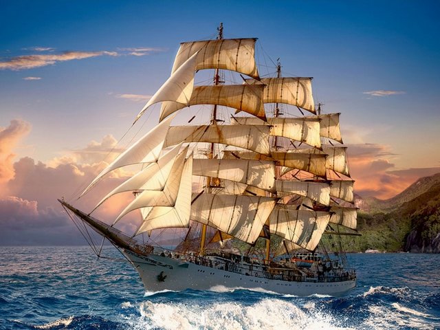 Sailing Vessel at Sunset Wallpaper пазл игру 