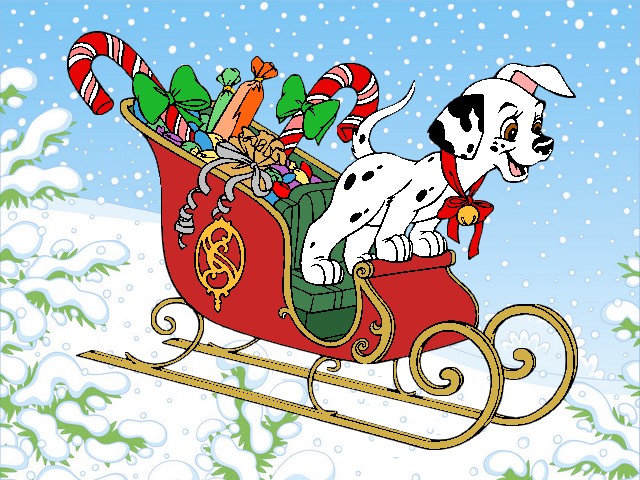 Christmas Puppy Clipart - A clipart with adorable puppy on a sleigh with many Christmas presents, based on the Walt Disney's animated 1961 movie 