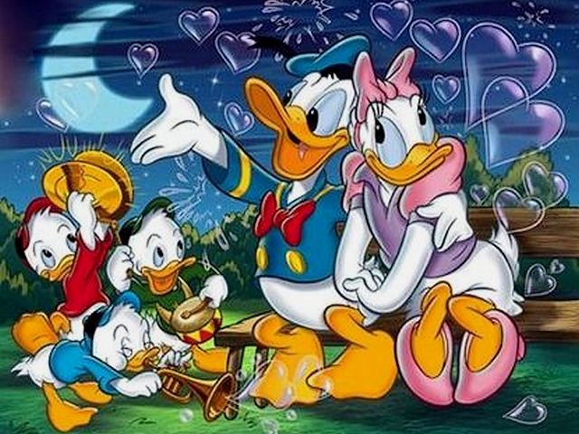 Donald and Daisy Duck on Moon Light Wallpaper - Beautiful wallpaper with Donald Duck and his girlfriend Daisy which enjoy a romantic evening on moon light with his nephews, the triplets Huey, Dewey and Louie Duck, sons of Donald’s twin sister. <br />
Donald Duck is a cartoon character created by The Walt Disney Company, as an anthropomorphic white duck with a yellow-orange bill and legs, wearing a sailor shirt and cap with a bow tie, known as pompous personality with semi-intelligible speech and mischievous temperament. <br />
Donald's first theatrical appearance was in The Wise Little Hen (1934).<br />
Many films from the 1930s, introduce Donald's love and his permanent girlfriend Daisy Duck (created in 1940), and often include his three nephews (born somewhere around 1935). - , Donald, Daisy, Duck, moon, light, wallpaper, wallpapers, cartoon, cartoons, beautiful, girlfriend, romantic, evening, nephews, triplets, Huey, Dewey, Louie, sons, twin, sister, character, Walt, Disney, Company, anthropomorphic, white, yellow, orange, bill, legs, sailor, shirt, cap, bow, tie, pompous, personality, speech, mischievous, temperament, theatrical, appearance, wise, hen, 1934, films, love, permanent, 1940, 1935 - Beautiful wallpaper with Donald Duck and his girlfriend Daisy which enjoy a romantic evening on moon light with his nephews, the triplets Huey, Dewey and Louie Duck, sons of Donald’s twin sister. <br />
Donald Duck is a cartoon character created by The Walt Disney Company, as an anthropomorphic white duck with a yellow-orange bill and legs, wearing a sailor shirt and cap with a bow tie, known as pompous personality with semi-intelligible speech and mischievous temperament. <br />
Donald's first theatrical appearance was in The Wise Little Hen (1934).<br />
Many films from the 1930s, introduce Donald's love and his permanent girlfriend Daisy Duck (created in 1940), and often include his three nephews (born somewhere around 1935). Lösen Sie kostenlose Donald and Daisy Duck on Moon Light Wallpaper Online Puzzle Spiele oder senden Sie Donald and Daisy Duck on Moon Light Wallpaper Puzzle Spiel Gruß ecards  from puzzles-games.eu.. Donald and Daisy Duck on Moon Light Wallpaper puzzle, Rätsel, puzzles, Puzzle Spiele, puzzles-games.eu, puzzle games, Online Puzzle Spiele, kostenlose Puzzle Spiele, kostenlose Online Puzzle Spiele, Donald and Daisy Duck on Moon Light Wallpaper kostenlose Puzzle Spiel, Donald and Daisy Duck on Moon Light Wallpaper Online Puzzle Spiel, jigsaw puzzles, Donald and Daisy Duck on Moon Light Wallpaper jigsaw puzzle, jigsaw puzzle games, jigsaw puzzles games, Donald and Daisy Duck on Moon Light Wallpaper Puzzle Spiel ecard, Puzzles Spiele ecards, Donald and Daisy Duck on Moon Light Wallpaper Puzzle Spiel Gruß ecards