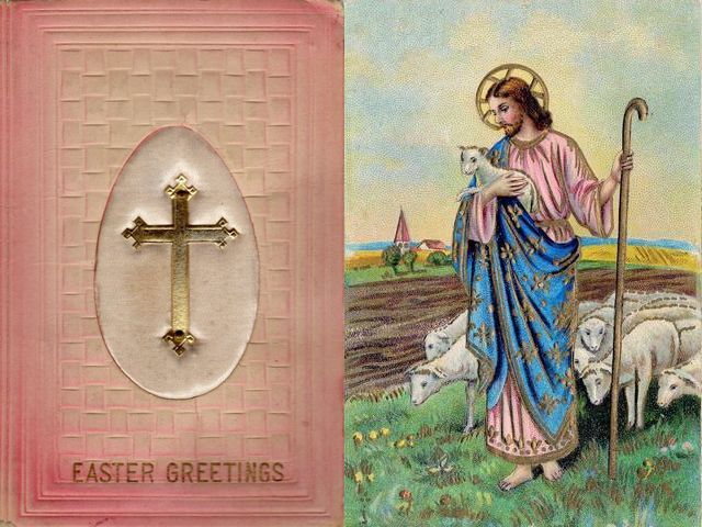 Easter Greetings Golden Cross and Jesus Good Shepherd Postcards - Two old postcards with 'Easter greetings' from 1910's, on a religious theme, with golden cross, the Christian symbol of the crucifix, depicted on background of a big egg and a satin fabric and the image of Jesus as a good shepherd among flock of sheep, with lambkin and a staff in hands. Easter egg is a symbol of the empty tomb, after Jesus' resurrection from the dead. Jesus is the good shepherd to His believers, just as the shepherds are for theirs livestock. The shepherd cares for his flock day and night and ready to defend his sheep from harm. - , Easter, greetings, greeting, golden, cross, Jesus, good, shepherd, shepherds, postcards, postcard, cartoon, cartoons, holiday, holidays, old, 1910, religious, theme, themes, Christian, symbol, symbols, crucifix, background, backgrounds, egg, eggs, satin, fabric, fabrics, image, images, flock, flocks, sheep, sheeps, lambkin, staff, hands, hand, empty, tomb, tombs, resurrection, dead, believers, believer, livestock, day, days, night, nights, harm - Two old postcards with 'Easter greetings' from 1910's, on a religious theme, with golden cross, the Christian symbol of the crucifix, depicted on background of a big egg and a satin fabric and the image of Jesus as a good shepherd among flock of sheep, with lambkin and a staff in hands. Easter egg is a symbol of the empty tomb, after Jesus' resurrection from the dead. Jesus is the good shepherd to His believers, just as the shepherds are for theirs livestock. The shepherd cares for his flock day and night and ready to defend his sheep from harm. Подреждайте безплатни онлайн Easter Greetings Golden Cross and Jesus Good Shepherd Postcards пъзел игри или изпратете Easter Greetings Golden Cross and Jesus Good Shepherd Postcards пъзел игра поздравителна картичка  от puzzles-games.eu.. Easter Greetings Golden Cross and Jesus Good Shepherd Postcards пъзел, пъзели, пъзели игри, puzzles-games.eu, пъзел игри, online пъзел игри, free пъзел игри, free online пъзел игри, Easter Greetings Golden Cross and Jesus Good Shepherd Postcards free пъзел игра, Easter Greetings Golden Cross and Jesus Good Shepherd Postcards online пъзел игра, jigsaw puzzles, Easter Greetings Golden Cross and Jesus Good Shepherd Postcards jigsaw puzzle, jigsaw puzzle games, jigsaw puzzles games, Easter Greetings Golden Cross and Jesus Good Shepherd Postcards пъзел игра картичка, пъзели игри картички, Easter Greetings Golden Cross and Jesus Good Shepherd Postcards пъзел игра поздравителна картичка