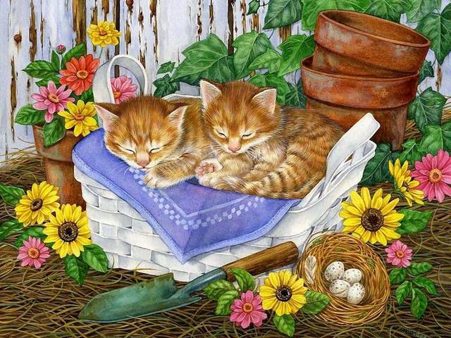 Easter Kittens Illustration by Jane Maday - Adorable kittens sleeping on a Easter basket in sunny springtime day, painted by Jane Maday. Jane Maday was born in a small fishing village in England in 1965. Her family immigrated to the United States when she was a young child.<br />
Jane Maday began her career at 14 years of age, as a scientific illustrator for the University of Florida. After receiving a Bachelor's degree from the Ringling College of Art and Design, she was recruited by Hallmark Cards, Inc, as a greeting card illustrator. - , Easter, kittens, kitten, illustration, illustrations, Jane, Maday, cartoon, cartoons, art, arts, adorable, basket, basket, sunny, springtime, day, days, fishing, village, villages, England, family, USA, young, child, children, career, scientific, illustrator, University, Florida, bachelor, degree, Ringling, College, Design, Hallmark, Cards, Inc, greeting, card, cards - Adorable kittens sleeping on a Easter basket in sunny springtime day, painted by Jane Maday. Jane Maday was born in a small fishing village in England in 1965. Her family immigrated to the United States when she was a young child.<br />
Jane Maday began her career at 14 years of age, as a scientific illustrator for the University of Florida. After receiving a Bachelor's degree from the Ringling College of Art and Design, she was recruited by Hallmark Cards, Inc, as a greeting card illustrator. Solve free online Easter Kittens Illustration by Jane Maday puzzle games or send Easter Kittens Illustration by Jane Maday puzzle game greeting ecards  from puzzles-games.eu.. Easter Kittens Illustration by Jane Maday puzzle, puzzles, puzzles games, puzzles-games.eu, puzzle games, online puzzle games, free puzzle games, free online puzzle games, Easter Kittens Illustration by Jane Maday free puzzle game, Easter Kittens Illustration by Jane Maday online puzzle game, jigsaw puzzles, Easter Kittens Illustration by Jane Maday jigsaw puzzle, jigsaw puzzle games, jigsaw puzzles games, Easter Kittens Illustration by Jane Maday puzzle game ecard, puzzles games ecards, Easter Kittens Illustration by Jane Maday puzzle game greeting ecard