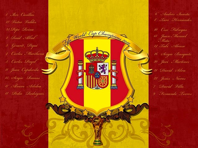 World Cup 2010 Champion Spanish Flag Wallpaper - A wallpaper of Spain, the FIFA World Cup 2010 Champion with Spanish National flag and a list of all 22 football team members gained the victory in South Africa (July 11, 2010). - , World, Cup, 2010, Champion, Spanish, flag, flags, wallpaper, wallpapers, cartoon, cartoons, sport, sports, tournament, tournaments, match, matches, soccer, soccers, football, footballs, FIFA, Spain, National, list, lists, team, teams, member, members, victory, victories, South, Africa - A wallpaper of Spain, the FIFA World Cup 2010 Champion with Spanish National flag and a list of all 22 football team members gained the victory in South Africa (July 11, 2010). Solve free online World Cup 2010 Champion Spanish Flag Wallpaper puzzle games or send World Cup 2010 Champion Spanish Flag Wallpaper puzzle game greeting ecards  from puzzles-games.eu.. World Cup 2010 Champion Spanish Flag Wallpaper puzzle, puzzles, puzzles games, puzzles-games.eu, puzzle games, online puzzle games, free puzzle games, free online puzzle games, World Cup 2010 Champion Spanish Flag Wallpaper free puzzle game, World Cup 2010 Champion Spanish Flag Wallpaper online puzzle game, jigsaw puzzles, World Cup 2010 Champion Spanish Flag Wallpaper jigsaw puzzle, jigsaw puzzle games, jigsaw puzzles games, World Cup 2010 Champion Spanish Flag Wallpaper puzzle game ecard, puzzles games ecards, World Cup 2010 Champion Spanish Flag Wallpaper puzzle game greeting ecard