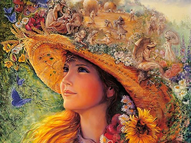 Bygone Summers by Josephine Wall - 'Bygone Summers' is an amazing fantasy painting by Josephine Wall, a spontaneous surrealistic attempt to blur the line between dream and reality. This painting depicts a beautiful girl with blonde hair who enjoys the sun on midsummer day, relaxing under a shadow of large straw hat, surrounded by vibrant summer flowers and butterflies. On the top of the hat, the straw is transformed into a cornfield with wonderful cascade of little scenes from the idyllic rural life during the haying season. - , bygone, summers, summer, Josephine, Wall, art, arts, amazing, fantasy, painting, paintings, spontaneous, surrealistic, attempt, attempts, line, lines, dream, dreams, reality, beautiful, girl, girls, blonde, hair, hairs, sun, midsummer, day, days, shadow, shadows, large, straw, hat, hats, vibrant, summer, flowers, flower, butterflies, butterfly, top, tops, cornfield, wonderful, cascade, scenes, scene, idyllic, rural, life, haying, season, seasons - 'Bygone Summers' is an amazing fantasy painting by Josephine Wall, a spontaneous surrealistic attempt to blur the line between dream and reality. This painting depicts a beautiful girl with blonde hair who enjoys the sun on midsummer day, relaxing under a shadow of large straw hat, surrounded by vibrant summer flowers and butterflies. On the top of the hat, the straw is transformed into a cornfield with wonderful cascade of little scenes from the idyllic rural life during the haying season. Solve free online Bygone Summers by Josephine Wall puzzle games or send Bygone Summers by Josephine Wall puzzle game greeting ecards  from puzzles-games.eu.. Bygone Summers by Josephine Wall puzzle, puzzles, puzzles games, puzzles-games.eu, puzzle games, online puzzle games, free puzzle games, free online puzzle games, Bygone Summers by Josephine Wall free puzzle game, Bygone Summers by Josephine Wall online puzzle game, jigsaw puzzles, Bygone Summers by Josephine Wall jigsaw puzzle, jigsaw puzzle games, jigsaw puzzles games, Bygone Summers by Josephine Wall puzzle game ecard, puzzles games ecards, Bygone Summers by Josephine Wall puzzle game greeting ecard