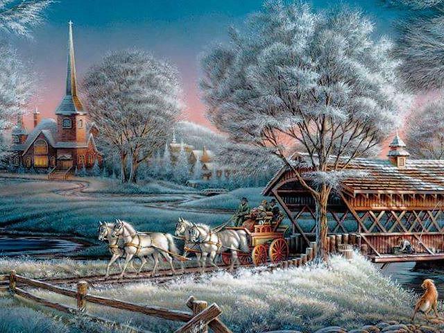 Christmas Memories Morning Frost by Terry Redlin - The serie of paintings 'Christmas Memories' has a unique stories to tell. The 'Morning Frost', painted in 2001, connects man and nature to heartfelt memories of life in small town in America.  <br />
The heavy frost glistens in the morning light. Winter is in the air. The icy coating is a precursor to the snow that will soon blanket the surroundings. As the horse-drawn wagon and its passengers leave the church and cross the covered bridge, only the dog knows that a young boy crouched is hiding there. - , Christmas, memories, memory, morning, frost, Terry, Redlin, art, arts, holiday, holidays, serie, series, paintings, painting, unique, stories, story, man, men, nature, to, heartfelt, life, town, America, light, winter, air, icy, coating, precursor, snow, surroundings, horse, wagon, passengers, church, bridge, dog, boy - The serie of paintings 'Christmas Memories' has a unique stories to tell. The 'Morning Frost', painted in 2001, connects man and nature to heartfelt memories of life in small town in America.  <br />
The heavy frost glistens in the morning light. Winter is in the air. The icy coating is a precursor to the snow that will soon blanket the surroundings. As the horse-drawn wagon and its passengers leave the church and cross the covered bridge, only the dog knows that a young boy crouched is hiding there. Подреждайте безплатни онлайн Christmas Memories Morning Frost by Terry Redlin пъзел игри или изпратете Christmas Memories Morning Frost by Terry Redlin пъзел игра поздравителна картичка  от puzzles-games.eu.. Christmas Memories Morning Frost by Terry Redlin пъзел, пъзели, пъзели игри, puzzles-games.eu, пъзел игри, online пъзел игри, free пъзел игри, free online пъзел игри, Christmas Memories Morning Frost by Terry Redlin free пъзел игра, Christmas Memories Morning Frost by Terry Redlin online пъзел игра, jigsaw puzzles, Christmas Memories Morning Frost by Terry Redlin jigsaw puzzle, jigsaw puzzle games, jigsaw puzzles games, Christmas Memories Morning Frost by Terry Redlin пъзел игра картичка, пъзели игри картички, Christmas Memories Morning Frost by Terry Redlin пъзел игра поздравителна картичка