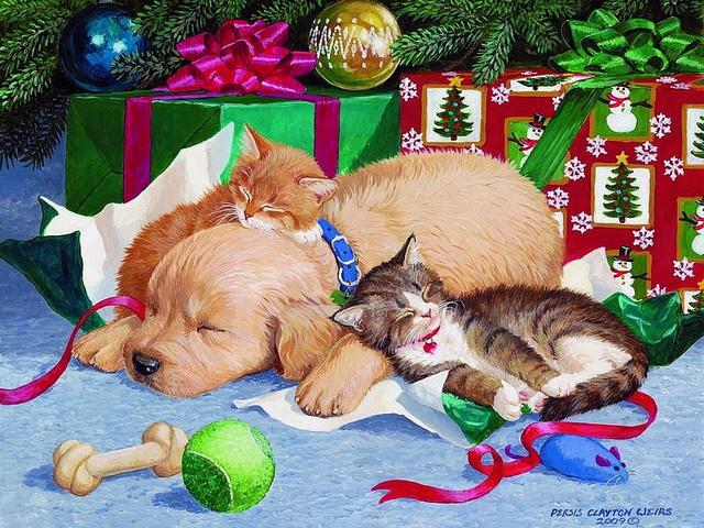 Christmas Pets by Persis Clayton Weirs - Beautiful funny scene with tired pets, an adorable puppy and kittens, which are sleeping under Christmas tree, after they have unwrapped the presents, a painting by the American artist Persis Clayton Weirs (1942-2016). - , Christmas, pets, pet, Persis, Clayton, Weirs, art, arts, animals, animal, beautiful, funny, scene, scenes, adorable, puppy, puppies, kittens, kitten, tree, trees, presents, present, painting, paintings, American, artist, artists - Beautiful funny scene with tired pets, an adorable puppy and kittens, which are sleeping under Christmas tree, after they have unwrapped the presents, a painting by the American artist Persis Clayton Weirs (1942-2016). Solve free online Christmas Pets by Persis Clayton Weirs puzzle games or send Christmas Pets by Persis Clayton Weirs puzzle game greeting ecards  from puzzles-games.eu.. Christmas Pets by Persis Clayton Weirs puzzle, puzzles, puzzles games, puzzles-games.eu, puzzle games, online puzzle games, free puzzle games, free online puzzle games, Christmas Pets by Persis Clayton Weirs free puzzle game, Christmas Pets by Persis Clayton Weirs online puzzle game, jigsaw puzzles, Christmas Pets by Persis Clayton Weirs jigsaw puzzle, jigsaw puzzle games, jigsaw puzzles games, Christmas Pets by Persis Clayton Weirs puzzle game ecard, puzzles games ecards, Christmas Pets by Persis Clayton Weirs puzzle game greeting ecard