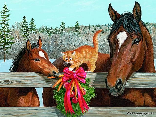 Christmas Treats by Persis Clayton Weirs - Beautiful winter scene with two horses and kitten at fence, delighting  in Christmas Treats painted by Persis Clayton Weirs (1942-2016) an American painter of both domestic and wild animals, with no formal art training. She grew up in Maine and remained there throughout her life, painting portraits of racehorses and champion show horses, cats and dogs in seasonal scenes, raccoons, birds, foxes, etc., <br />
Today, her original works are featured in some of the country’s most prominent museums and celebrated private collections, on display as far away as Beijing, China. - , Christmas, treats, treat, Persis, Clayton, Weirs, art, arts, animals, animal, beautiful, winter, scene, scenes, horses, horse, kitten, fence, American, painter, painters, domestic, wild, training, Maine, life, portraits, portrait, racehorses, champion, show, cats, dogs, raccoons, birds, foxes, original, works, prominent, museums, private, collections, Beijing, China - Beautiful winter scene with two horses and kitten at fence, delighting  in Christmas Treats painted by Persis Clayton Weirs (1942-2016) an American painter of both domestic and wild animals, with no formal art training. She grew up in Maine and remained there throughout her life, painting portraits of racehorses and champion show horses, cats and dogs in seasonal scenes, raccoons, birds, foxes, etc., <br />
Today, her original works are featured in some of the country’s most prominent museums and celebrated private collections, on display as far away as Beijing, China. Lösen Sie kostenlose Christmas Treats by Persis Clayton Weirs Online Puzzle Spiele oder senden Sie Christmas Treats by Persis Clayton Weirs Puzzle Spiel Gruß ecards  from puzzles-games.eu.. Christmas Treats by Persis Clayton Weirs puzzle, Rätsel, puzzles, Puzzle Spiele, puzzles-games.eu, puzzle games, Online Puzzle Spiele, kostenlose Puzzle Spiele, kostenlose Online Puzzle Spiele, Christmas Treats by Persis Clayton Weirs kostenlose Puzzle Spiel, Christmas Treats by Persis Clayton Weirs Online Puzzle Spiel, jigsaw puzzles, Christmas Treats by Persis Clayton Weirs jigsaw puzzle, jigsaw puzzle games, jigsaw puzzles games, Christmas Treats by Persis Clayton Weirs Puzzle Spiel ecard, Puzzles Spiele ecards, Christmas Treats by Persis Clayton Weirs Puzzle Spiel Gruß ecards