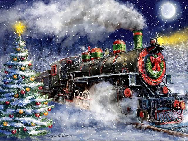 Express Train to Christmas by Marcello Corti - 'Express Train to Christmas' is a beautiful festive scene, that brings the spirit of Christmas, painted by the Italian artist Marcello Corti, depicting a decorated Christmas tree and a train with steam locomotive in a snowy night.<br />
Marcello Corti, born in Bergamo in 1961, is a hugely popular illustrator, who uses various techniques, such as watercolor, oil, pencil and charcoal. - , express, train, trains, Christmas, Marcello, Corti, art, arts, holiday, holidays, beautiful, festive, scene, spirit, Italian, artist, tree, trees, steam, locomotive, locomotives, snowy, night, Bergamo, 1961, is, a, hugely, popular, illustrator, illustrators, techniques, watercolor, oil, pencil, charcoal - 'Express Train to Christmas' is a beautiful festive scene, that brings the spirit of Christmas, painted by the Italian artist Marcello Corti, depicting a decorated Christmas tree and a train with steam locomotive in a snowy night.<br />
Marcello Corti, born in Bergamo in 1961, is a hugely popular illustrator, who uses various techniques, such as watercolor, oil, pencil and charcoal. Solve free online Express Train to Christmas by Marcello Corti puzzle games or send Express Train to Christmas by Marcello Corti puzzle game greeting ecards  from puzzles-games.eu.. Express Train to Christmas by Marcello Corti puzzle, puzzles, puzzles games, puzzles-games.eu, puzzle games, online puzzle games, free puzzle games, free online puzzle games, Express Train to Christmas by Marcello Corti free puzzle game, Express Train to Christmas by Marcello Corti online puzzle game, jigsaw puzzles, Express Train to Christmas by Marcello Corti jigsaw puzzle, jigsaw puzzle games, jigsaw puzzles games, Express Train to Christmas by Marcello Corti puzzle game ecard, puzzles games ecards, Express Train to Christmas by Marcello Corti puzzle game greeting ecard