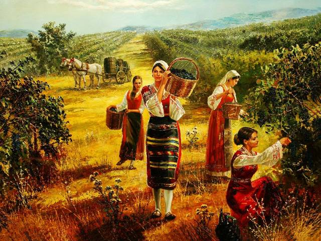 Grape Harvest by Vasil Goranov - 'Grape Harvest' is one of the newest oil paintings of the master of the brush Vasil Goranov (born in 1972 in Velingrad, Bulgaria), depicting beautiful grape pickers in Bulgarian national costumes.<br />
In his works we can see themes from the everyday life of Bulgarians with their labour, worries, love, battles. He brilliantly combines historical romanticism and insightful psychology in recreating significant events and personalities from long journey through the centuries of Bulgarian history. - , grape, grapes, harvest, Vasil, Goranov, art, arts, oil, paintings, master, masters, brush, brushes, Velingrad, Bulgaria, pickers, picker, Bulgarian, national, costumes, costume, works, work, themes, everyday, life, Bulgarians, labour, worries, love, battles, brilliantly, historical, romanticism, insightful, psychology, events, event, personalities, personality, journey, centuries, century, history - 'Grape Harvest' is one of the newest oil paintings of the master of the brush Vasil Goranov (born in 1972 in Velingrad, Bulgaria), depicting beautiful grape pickers in Bulgarian national costumes.<br />
In his works we can see themes from the everyday life of Bulgarians with their labour, worries, love, battles. He brilliantly combines historical romanticism and insightful psychology in recreating significant events and personalities from long journey through the centuries of Bulgarian history. Solve free online Grape Harvest by Vasil Goranov puzzle games or send Grape Harvest by Vasil Goranov puzzle game greeting ecards  from puzzles-games.eu.. Grape Harvest by Vasil Goranov puzzle, puzzles, puzzles games, puzzles-games.eu, puzzle games, online puzzle games, free puzzle games, free online puzzle games, Grape Harvest by Vasil Goranov free puzzle game, Grape Harvest by Vasil Goranov online puzzle game, jigsaw puzzles, Grape Harvest by Vasil Goranov jigsaw puzzle, jigsaw puzzle games, jigsaw puzzles games, Grape Harvest by Vasil Goranov puzzle game ecard, puzzles games ecards, Grape Harvest by Vasil Goranov puzzle game greeting ecard