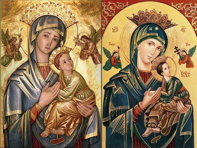 Icon of Our Mother of Perpetual Help or Virgin of the Passion - Two lovely reproductions depicting 'Our Mother of Perpetual Help' (Our Lady of Perpetual Succour), versions of the famous Byzantine icon of the same name, dating from the 15th century. <br />
The image of Our Mother of Perpetual Help has become the most popular religious icon among Roman Catholics and can be seen in homes, business establishments, and a public transportation. The great majority of the artists of the icons are hidden in anonymity. In the modern reproductions, the face of Our Lady of Perpetual Help seems filled with life, effulgent and with innocent purity, full of compassion look, ready to help her devotees in whatever they need. Jesus is depicted with a noble and kingly face, but looks like a cute little boy with fallen sandal on the right foot, snuggled in the lap of his mother.<br />
In the Eastern Orthodox Church, this artistic iconography is known as the Virgin of the Passion, due to the two Archangels carrying the instruments of the Passion (of the crucifixion) of Jesus Christ. - , icon, icons, Mother, Perpetual, Help, Virgin, Passion, art, arts, lovely, reproductions, Succour, versions, famous, Byzantine, name, 15th, century, image, images, popular, religious, Roman, Catholics, homes, business, establishments, public, transportation, majority, artists, anonymity, modern, face, life, effulgent, innocent, purity, compassion, look, devotees, Jesus, noble, kingly, face, cute, little, boy, sandal, foot, lap, Eastern, Orthodox, Church, artistic, iconography, Archangels, instruments, crucifixion, Christ - Two lovely reproductions depicting 'Our Mother of Perpetual Help' (Our Lady of Perpetual Succour), versions of the famous Byzantine icon of the same name, dating from the 15th century. <br />
The image of Our Mother of Perpetual Help has become the most popular religious icon among Roman Catholics and can be seen in homes, business establishments, and a public transportation. The great majority of the artists of the icons are hidden in anonymity. In the modern reproductions, the face of Our Lady of Perpetual Help seems filled with life, effulgent and with innocent purity, full of compassion look, ready to help her devotees in whatever they need. Jesus is depicted with a noble and kingly face, but looks like a cute little boy with fallen sandal on the right foot, snuggled in the lap of his mother.<br />
In the Eastern Orthodox Church, this artistic iconography is known as the Virgin of the Passion, due to the two Archangels carrying the instruments of the Passion (of the crucifixion) of Jesus Christ. Resuelve rompecabezas en línea gratis Icon of Our Mother of Perpetual Help or Virgin of the Passion juegos puzzle o enviar Icon of Our Mother of Perpetual Help or Virgin of the Passion juego de puzzle tarjetas electrónicas de felicitación  de puzzles-games.eu.. Icon of Our Mother of Perpetual Help or Virgin of the Passion puzzle, puzzles, rompecabezas juegos, puzzles-games.eu, juegos de puzzle, juegos en línea del rompecabezas, juegos gratis puzzle, juegos en línea gratis rompecabezas, Icon of Our Mother of Perpetual Help or Virgin of the Passion juego de puzzle gratuito, Icon of Our Mother of Perpetual Help or Virgin of the Passion juego de rompecabezas en línea, jigsaw puzzles, Icon of Our Mother of Perpetual Help or Virgin of the Passion jigsaw puzzle, jigsaw puzzle games, jigsaw puzzles games, Icon of Our Mother of Perpetual Help or Virgin of the Passion rompecabezas de juego tarjeta electrónica, juegos de puzzles tarjetas electrónicas, Icon of Our Mother of Perpetual Help or Virgin of the Passion puzzle tarjeta electrónica de felicitación