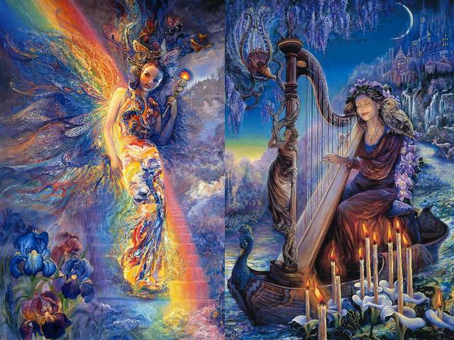 Iris Keeper of the Rainbow and Minervas Melody by Josephine Wall - 'Iris Keeper of the Rainbow' and 'Minerva's Melody' are two beautiful paintings of goddesses from the magnificent 'Mystical World' collection by the famous English artist Josephine Wall, which fascinate with mesmerizing details and vibrant colours.<br />
The ancient Greeks identify the rainbow with the goddess Iris, who travels so swiftly, that mortals can see only the traces of rainbow colours when she is passing through the sky.<br />
The goddess Minerva represents the music, which is an universal language, understood and loved by every nation on the Earth. She travels together with the 'owl of wisdom', downstream the river of life, spreading the magic of her melodies to all. - , Iris, keeper, rainbow, Minervas, Minerva, melody, melodies, Josephine, Wall, art, arts, beautiful, paintings, painting, goddesses, goddess, magnificent, mystical, world, collection, collections, famous, English, artist, artists, mesmerizing, details, detail, vibrant, colours, colour, ancient, Greeks, Greek, swiftly, mortals, mortal, traces, trace, sky, music, universal, language, language, nation, nations, Earth, owl, owls, wisdom, downstream, river, rivers, life, magic - 'Iris Keeper of the Rainbow' and 'Minerva's Melody' are two beautiful paintings of goddesses from the magnificent 'Mystical World' collection by the famous English artist Josephine Wall, which fascinate with mesmerizing details and vibrant colours.<br />
The ancient Greeks identify the rainbow with the goddess Iris, who travels so swiftly, that mortals can see only the traces of rainbow colours when she is passing through the sky.<br />
The goddess Minerva represents the music, which is an universal language, understood and loved by every nation on the Earth. She travels together with the 'owl of wisdom', downstream the river of life, spreading the magic of her melodies to all. Решайте бесплатные онлайн Iris Keeper of the Rainbow and Minervas Melody by Josephine Wall пазлы игры или отправьте Iris Keeper of the Rainbow and Minervas Melody by Josephine Wall пазл игру приветственную открытку  из puzzles-games.eu.. Iris Keeper of the Rainbow and Minervas Melody by Josephine Wall пазл, пазлы, пазлы игры, puzzles-games.eu, пазл игры, онлайн пазл игры, игры пазлы бесплатно, бесплатно онлайн пазл игры, Iris Keeper of the Rainbow and Minervas Melody by Josephine Wall бесплатно пазл игра, Iris Keeper of the Rainbow and Minervas Melody by Josephine Wall онлайн пазл игра , jigsaw puzzles, Iris Keeper of the Rainbow and Minervas Melody by Josephine Wall jigsaw puzzle, jigsaw puzzle games, jigsaw puzzles games, Iris Keeper of the Rainbow and Minervas Melody by Josephine Wall пазл игра открытка, пазлы игры открытки, Iris Keeper of the Rainbow and Minervas Melody by Josephine Wall пазл игра приветственная открытка