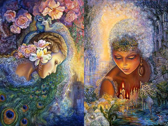Peacock Daze and Dandelion Diva by Josephine Wall - 'Peacock Daze' by the English fantasy painter Josephine Wall, depicts a beautiful girl sunk in a doze, who under the influence of scent of fragrant roses in the garden is transported into a world of dreams and fleeting moments of joy, among gorgeous peacocks and exotic flowers.<br />
In 'Dandelion Diva', Josephine Wall depicts the pre-Christian deity Hecate, an oracle goddess (Goddess of darkness). The dandelion is a weed, used for increasing psychic ability and intuition and is associated with the prediction and prophecy, the underworld and necromancy, for communication with world of the dead or summoning of the spirits.<br />
On the other hand, with its fluffy seeds as little fairies that may carry wishes, easily carried away by the winds or just with the faintest of breezes, the dandelion has spread across the world, as symbol of positivity, progress and survival, faithfulness, happiness and desire.<br />
According to legend, if you can blow all the seeds of dandelion simultaneously, you are loved with passionate love. - , peacock, peacocks, daze, dandelion, dandelions, diva, Josephine, Wall, art, arts, English, fantasy, painter, painters, beautiful, girl, girls, doze, influence, scent, fragrant, roses, rose, garden, world, dreams, dream, fleeting, moments, moment, joy, gorgeous, exotic, flowers, flower, pre-Christian, deity, Hecate, oracle, goddess, goddesses, darkness, weed, weeds, psychic, ability, intuition, prediction, prophecy, underworld, necromancy, communication, dead, summoning, spirits, spirit, fluffy, seeds, seed, fairies, fairy, wishes, wish, winds, wind, faintest, breezes, breeze, symbol, positivity, progress, survival, faithfulness, happiness, desire, legend, simultaneously, passionate, love - 'Peacock Daze' by the English fantasy painter Josephine Wall, depicts a beautiful girl sunk in a doze, who under the influence of scent of fragrant roses in the garden is transported into a world of dreams and fleeting moments of joy, among gorgeous peacocks and exotic flowers.<br />
In 'Dandelion Diva', Josephine Wall depicts the pre-Christian deity Hecate, an oracle goddess (Goddess of darkness). The dandelion is a weed, used for increasing psychic ability and intuition and is associated with the prediction and prophecy, the underworld and necromancy, for communication with world of the dead or summoning of the spirits.<br />
On the other hand, with its fluffy seeds as little fairies that may carry wishes, easily carried away by the winds or just with the faintest of breezes, the dandelion has spread across the world, as symbol of positivity, progress and survival, faithfulness, happiness and desire.<br />
According to legend, if you can blow all the seeds of dandelion simultaneously, you are loved with passionate love. Solve free online Peacock Daze and Dandelion Diva by Josephine Wall puzzle games or send Peacock Daze and Dandelion Diva by Josephine Wall puzzle game greeting ecards  from puzzles-games.eu.. Peacock Daze and Dandelion Diva by Josephine Wall puzzle, puzzles, puzzles games, puzzles-games.eu, puzzle games, online puzzle games, free puzzle games, free online puzzle games, Peacock Daze and Dandelion Diva by Josephine Wall free puzzle game, Peacock Daze and Dandelion Diva by Josephine Wall online puzzle game, jigsaw puzzles, Peacock Daze and Dandelion Diva by Josephine Wall jigsaw puzzle, jigsaw puzzle games, jigsaw puzzles games, Peacock Daze and Dandelion Diva by Josephine Wall puzzle game ecard, puzzles games ecards, Peacock Daze and Dandelion Diva by Josephine Wall puzzle game greeting ecard
