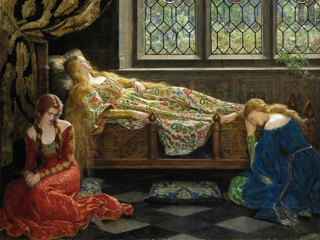 Sleeping Beauty by John Collier - 'Sleeping Beauty' (1921, oil on canvas, private collection), by John Collier (1850-1934), a British Pre-Raphaelite painter on historical and mythological themes and portraits of kings, noblemen, actors and socialites personalities. John Collier was a founding member of the Royal Society of Portrait Painters. <br />
This remarkable Pre-Raphaelite picture is an illustration of the famous fairy story of 'Sleeping Beauty' in the European literature, by Charles Perrault in the seventeenth century and later recast by the brothers Grimm in the nineteenth century. <br />
John Collier depicts the scene with the asleep princess inside the palace. Through the leaded windows, studded with stained-glass is seen the overgrown garden in which the prince must fight his way for to break the spell. - , Sleeping, Beauty, John, Collier, art, arts, 1921, oil, canvas, private, collection, collections, 1850, 1934, British, Pre-Raphaelite, painter, painters, historical, mythological, themes, theme, portraits, portrait, kings, king, noblemen, nobleman, actors, actor, socialites, personalities, personality, member, members, Royal, Society, remarkable, picture, pictures, illustration, illustrations, famous, fairy, story, stories, European, literature, Charles, Perrault, century, centuries, brothers, brother, Grimm - 'Sleeping Beauty' (1921, oil on canvas, private collection), by John Collier (1850-1934), a British Pre-Raphaelite painter on historical and mythological themes and portraits of kings, noblemen, actors and socialites personalities. John Collier was a founding member of the Royal Society of Portrait Painters. <br />
This remarkable Pre-Raphaelite picture is an illustration of the famous fairy story of 'Sleeping Beauty' in the European literature, by Charles Perrault in the seventeenth century and later recast by the brothers Grimm in the nineteenth century. <br />
John Collier depicts the scene with the asleep princess inside the palace. Through the leaded windows, studded with stained-glass is seen the overgrown garden in which the prince must fight his way for to break the spell. Solve free online Sleeping Beauty by John Collier puzzle games or send Sleeping Beauty by John Collier puzzle game greeting ecards  from puzzles-games.eu.. Sleeping Beauty by John Collier puzzle, puzzles, puzzles games, puzzles-games.eu, puzzle games, online puzzle games, free puzzle games, free online puzzle games, Sleeping Beauty by John Collier free puzzle game, Sleeping Beauty by John Collier online puzzle game, jigsaw puzzles, Sleeping Beauty by John Collier jigsaw puzzle, jigsaw puzzle games, jigsaw puzzles games, Sleeping Beauty by John Collier puzzle game ecard, puzzles games ecards, Sleeping Beauty by John Collier puzzle game greeting ecard