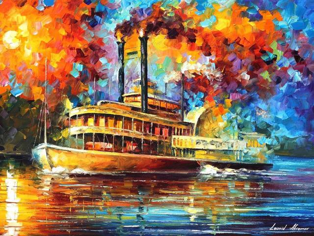Steamboat by Leonid Afremov - 'Steamboat' is an oil painting on canvas with palette knife, by Leonid Afremov, depicting an old steam ship of the 19th century, floating down the Mississippi river, a major part of the New Orleans landscape.<br />
The artist has managed skillfully to portray a spectacular sight with bright sunshine rays on the smooth waters of the Mississippi, a scenery that can be only created at the sunset sun.<br />
All that is depicted in the painting looks very romantic and amazes with color and mood of that era, even with the two streams of smoke rising from the pipes depicted with surprising accuracy. - , steamboat, steamboats, Leonid, Afremov, art, arts, oil, painting, paintings, canvas, palette, knife, steam, ship, century, Mississippi, river, rivers, major, part, New, Orleans, landscape, landscapes, artist, artists, spectacular, sight, bright, sunshine, rays, ray, smooth, waters, scenery, sunset, sun, romantic, scenery, color, mood, era, streams, smoke, pipes, pipe, accuracy - 'Steamboat' is an oil painting on canvas with palette knife, by Leonid Afremov, depicting an old steam ship of the 19th century, floating down the Mississippi river, a major part of the New Orleans landscape.<br />
The artist has managed skillfully to portray a spectacular sight with bright sunshine rays on the smooth waters of the Mississippi, a scenery that can be only created at the sunset sun.<br />
All that is depicted in the painting looks very romantic and amazes with color and mood of that era, even with the two streams of smoke rising from the pipes depicted with surprising accuracy. Solve free online Steamboat by Leonid Afremov puzzle games or send Steamboat by Leonid Afremov puzzle game greeting ecards  from puzzles-games.eu.. Steamboat by Leonid Afremov puzzle, puzzles, puzzles games, puzzles-games.eu, puzzle games, online puzzle games, free puzzle games, free online puzzle games, Steamboat by Leonid Afremov free puzzle game, Steamboat by Leonid Afremov online puzzle game, jigsaw puzzles, Steamboat by Leonid Afremov jigsaw puzzle, jigsaw puzzle games, jigsaw puzzles games, Steamboat by Leonid Afremov puzzle game ecard, puzzles games ecards, Steamboat by Leonid Afremov puzzle game greeting ecard