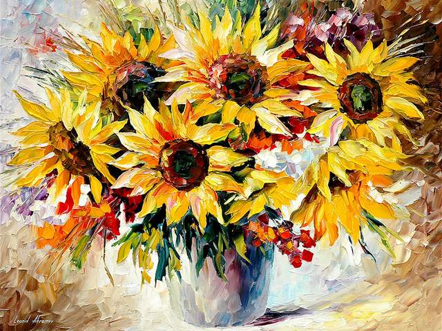 Sunflowers by Leonid Afremov - 'Sunflowers' is a stunning oil painting on canvas with palette knife, created by Leonid Afremov.<br />
The pastel shades of the background are in amazing harmony with the light brown sunflower heads, surrounded by bright yellow palette, with sun in every petal, behind which the juicy green leaves of the stems are hidden. - , sunflowers, sunflower, Leonid, Afremov, flowers, flower, stunning, oil, painting, paintings, canvas, palette, knife, pastel, shades, shade, background, backgrounds, amazing, harmony, brown, heads, head, sun, petal, petals, leaves, leaf, stems, stem - 'Sunflowers' is a stunning oil painting on canvas with palette knife, created by Leonid Afremov.<br />
The pastel shades of the background are in amazing harmony with the light brown sunflower heads, surrounded by bright yellow palette, with sun in every petal, behind which the juicy green leaves of the stems are hidden. Solve free online Sunflowers by Leonid Afremov puzzle games or send Sunflowers by Leonid Afremov puzzle game greeting ecards  from puzzles-games.eu.. Sunflowers by Leonid Afremov puzzle, puzzles, puzzles games, puzzles-games.eu, puzzle games, online puzzle games, free puzzle games, free online puzzle games, Sunflowers by Leonid Afremov free puzzle game, Sunflowers by Leonid Afremov online puzzle game, jigsaw puzzles, Sunflowers by Leonid Afremov jigsaw puzzle, jigsaw puzzle games, jigsaw puzzles games, Sunflowers by Leonid Afremov puzzle game ecard, puzzles games ecards, Sunflowers by Leonid Afremov puzzle game greeting ecard