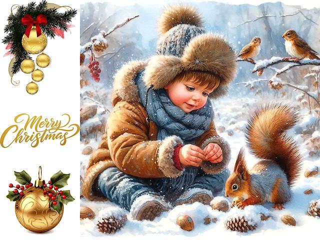 Boy with Squirrel Christmas Card juego de puzzle 