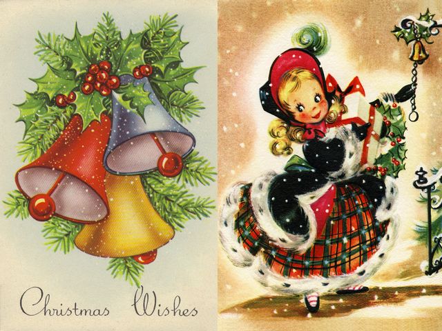 Christmas Wishes Vintage Postcard - Beautiful vintage postcard depicting Christmas bells and an adorable girl with festive wishes 