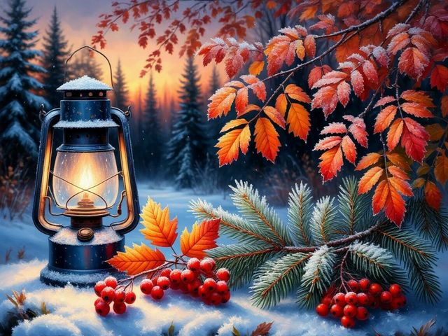 Vintage Lantern in Frosty Forest Wallpaper пъзел игра 