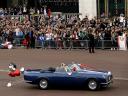 Royal Wedding England Prince William and Catherine in Aston Martin Volante outside Buckingham Palace London