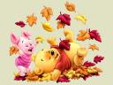 Disney Autumn Piglet and Winnie the Pooh among Leaves Wallpaper