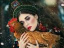 Girl with Hen in Russian Folk Style by Margarita Kareva