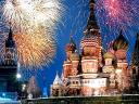 Fireworks above St. Basil Cathedral at Red Square Moscow