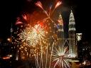 Fireworks near Petronas Twin Towers in Kuala Lumpur Malaysia