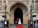 Royal Wedding England Prince William and Catherine Duchess of Cambridge at West Door of Westminster Abbey London